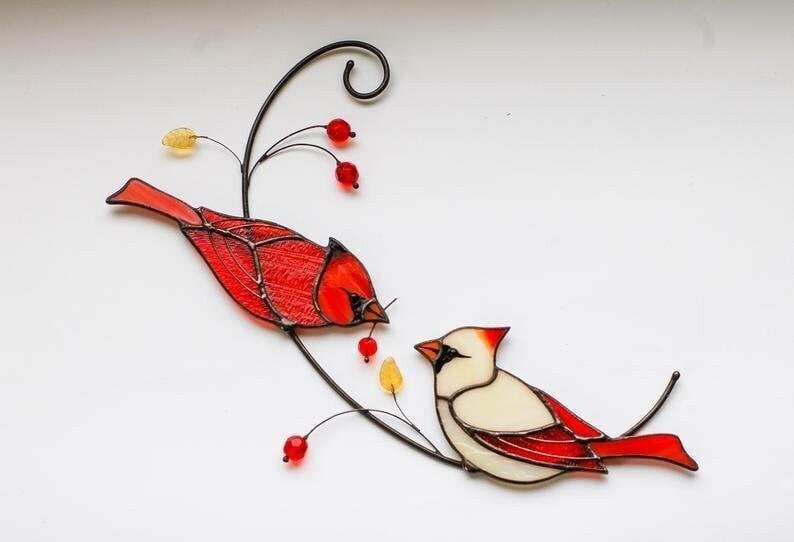 🔥 Pair of Cardinal bird stained ornament