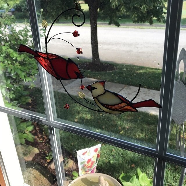 🔥 Pair of Cardinal bird stained ornament